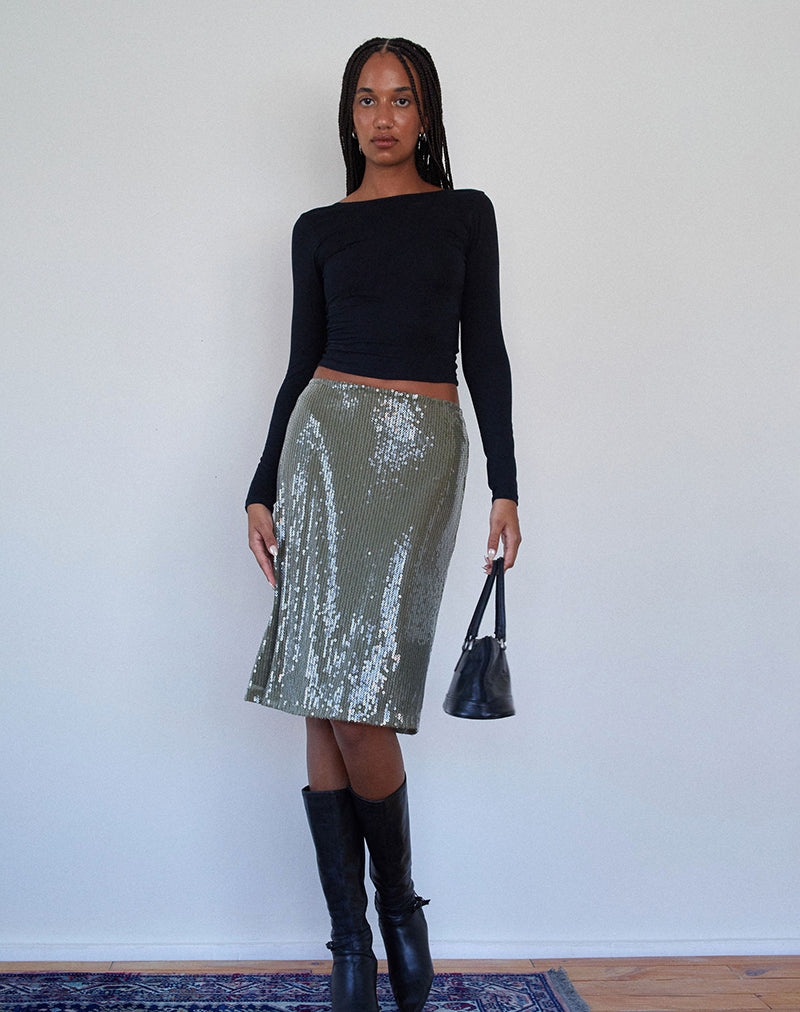 Kavi Midi Skirt in Khaki Green Clear Sequin-Nico Sky