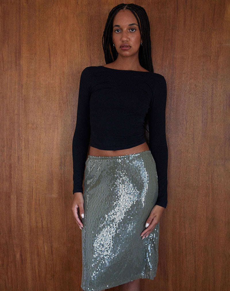 Kavi Midi Skirt in Khaki Green Clear Sequin-Nico Sky
