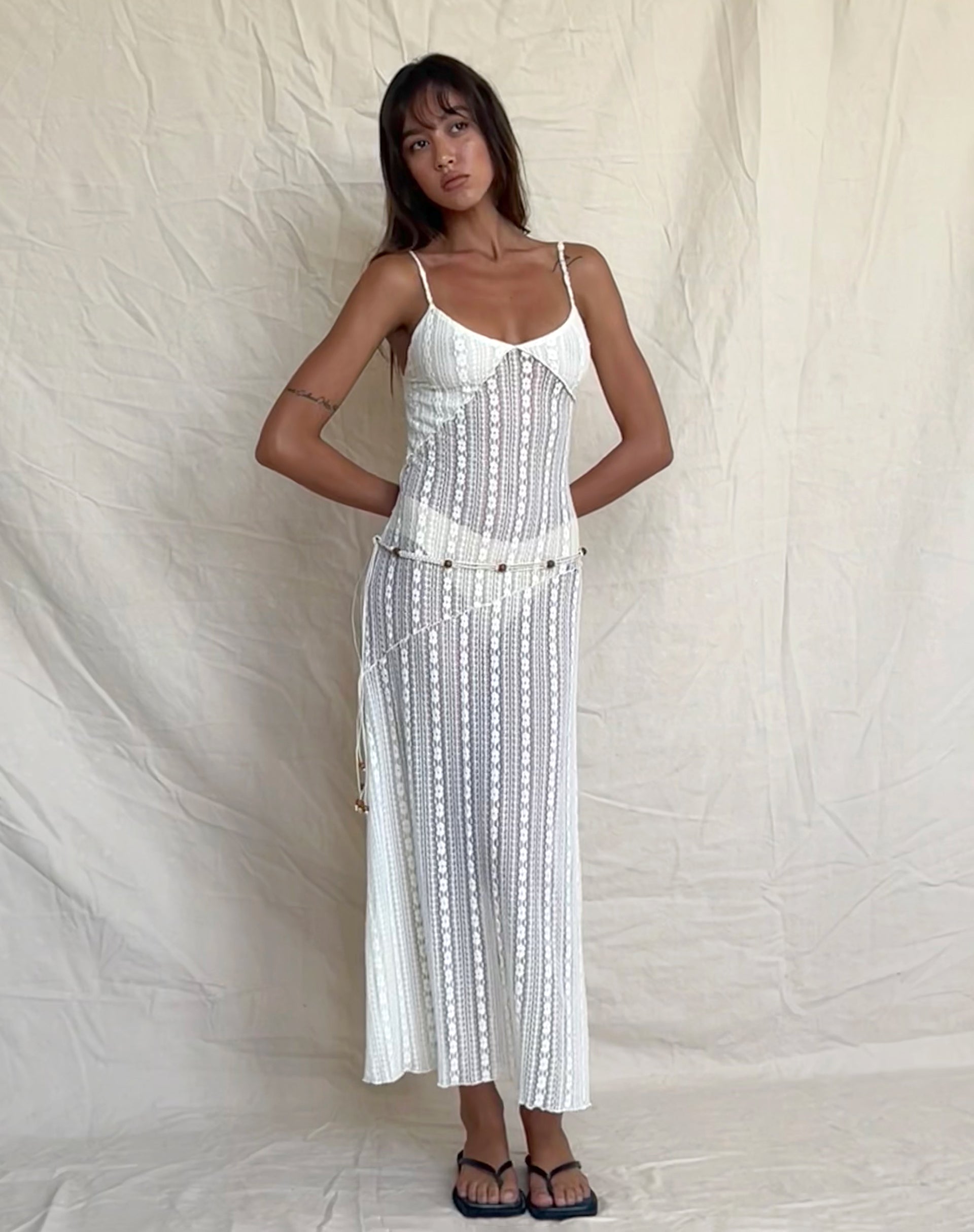 Kehlani Sheer Midi Dress in Cream Lace-Nico Sky