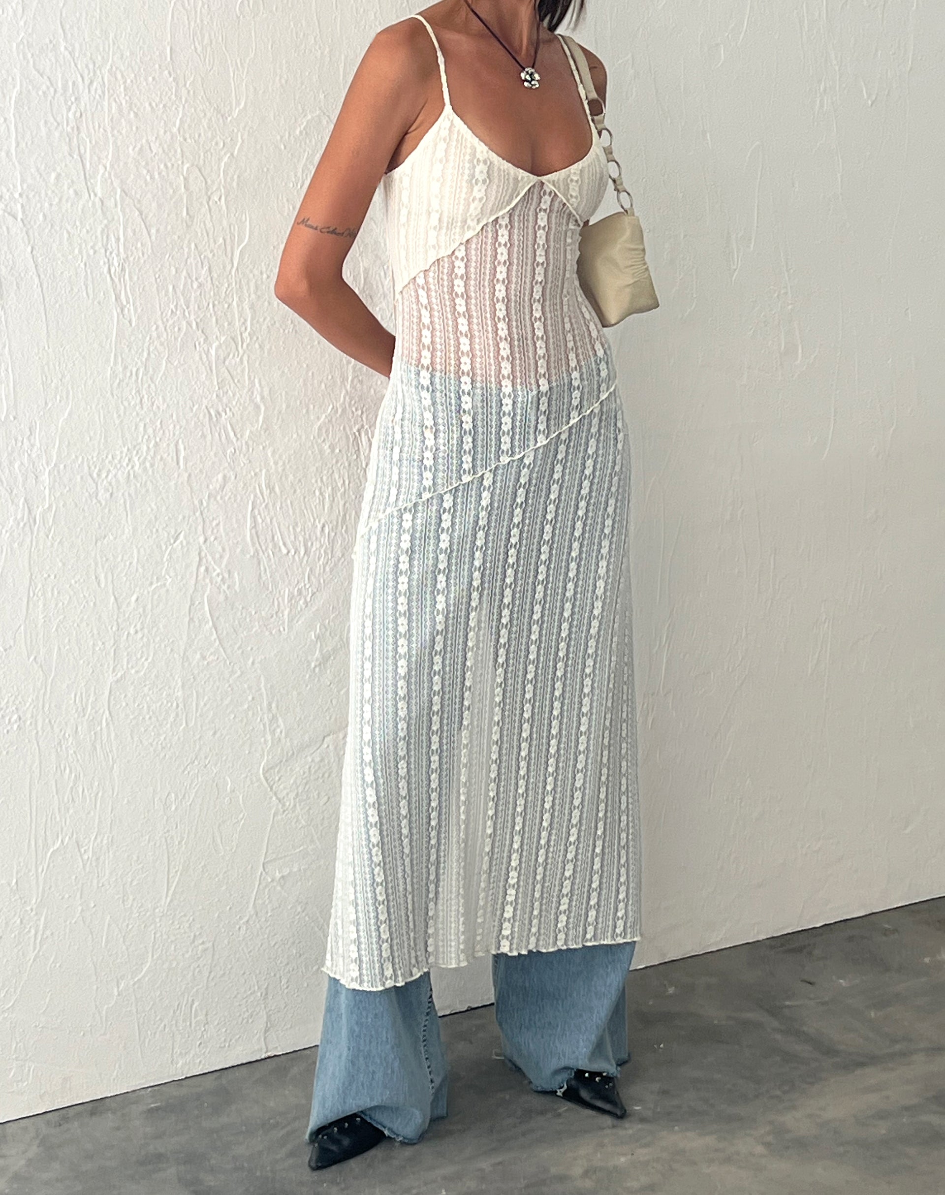 Kehlani Sheer Midi Dress in Cream Lace-Nico Sky