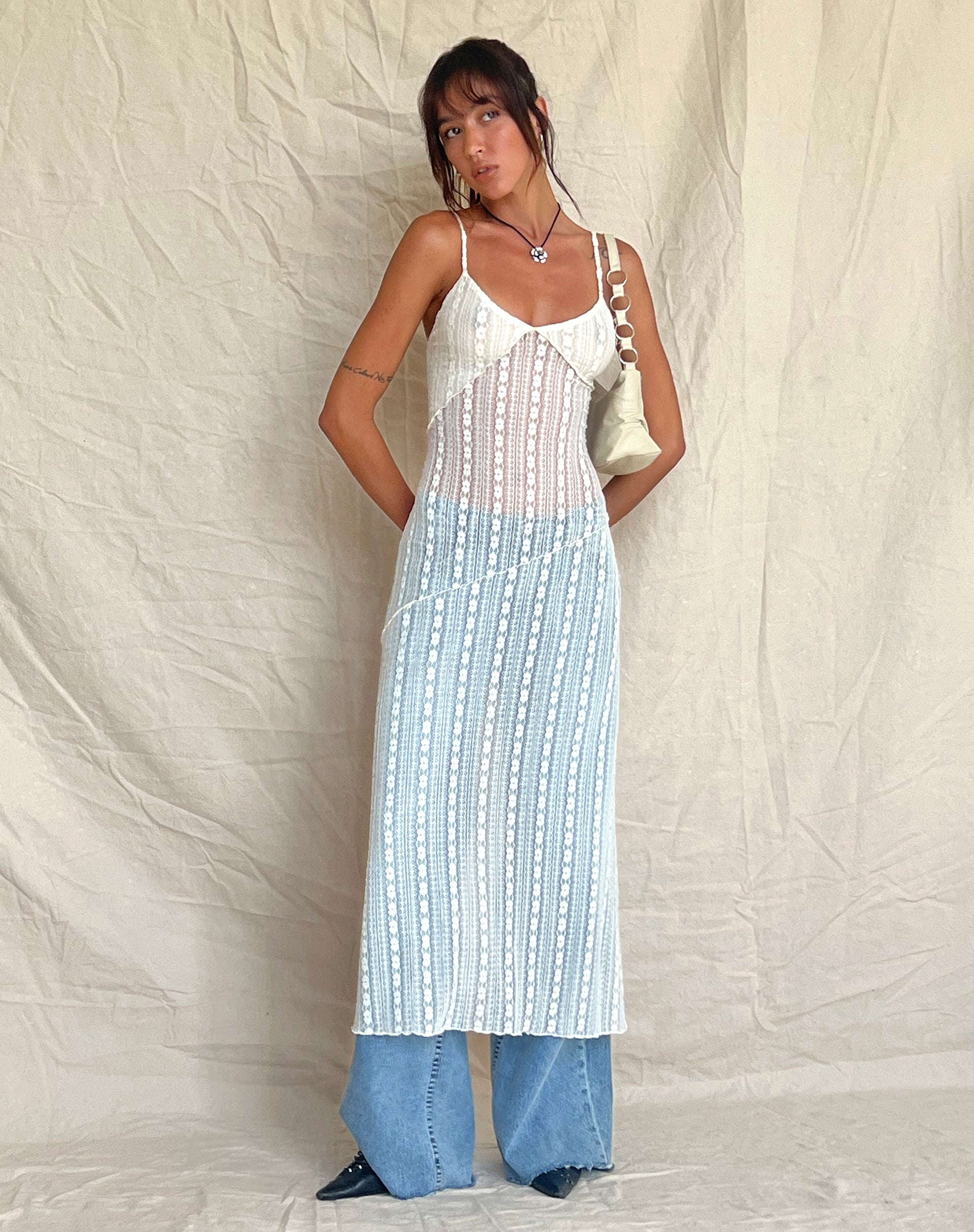 Kehlani Sheer Midi Dress in Cream Lace-Nico Sky