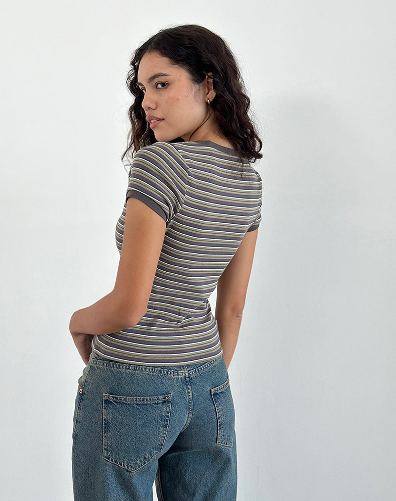 Keiko Top in Stripe Jersey Brown Army-Nico Sky