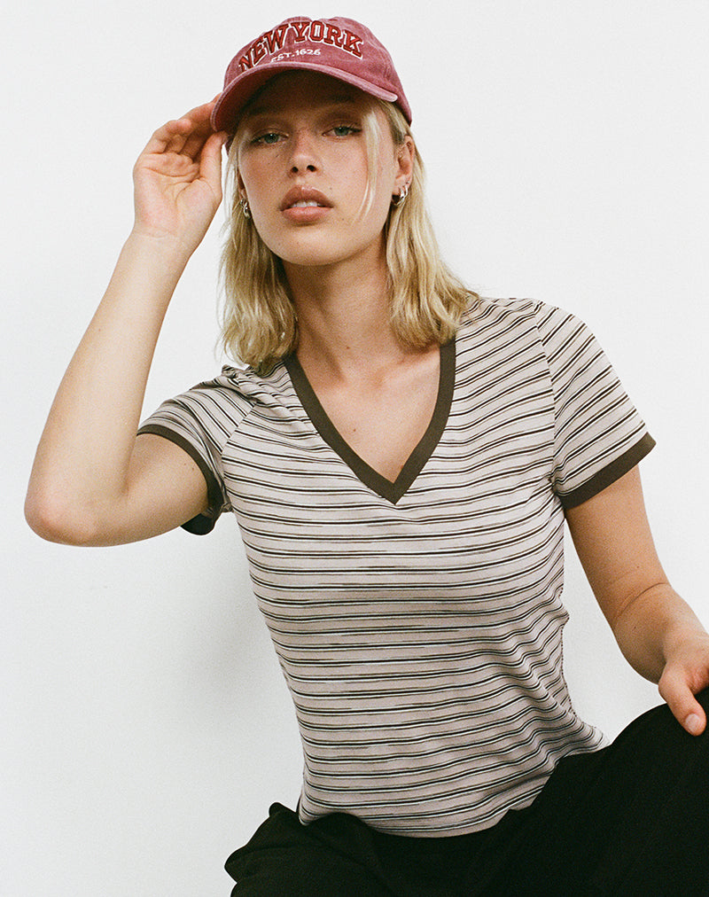 Keiko Top in Stripe Jersey Tonal Brown-Nico Sky