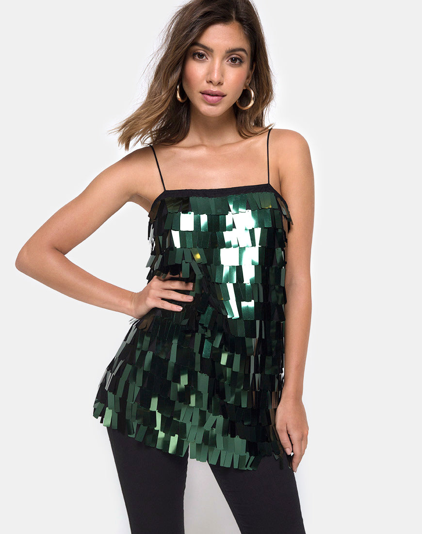 Keke Long Top in Dangle Sequin Forest Green-Nico Sky