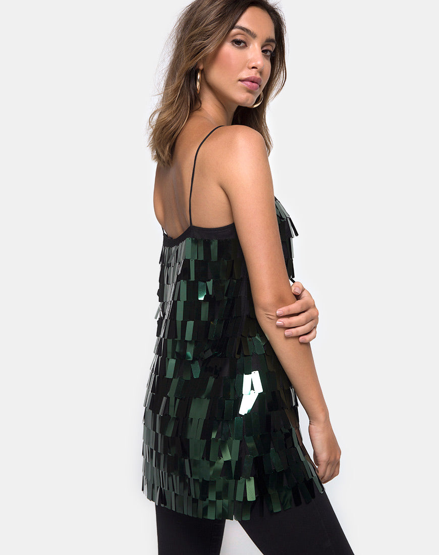 Keke Long Top in Dangle Sequin Forest Green-Nico Sky