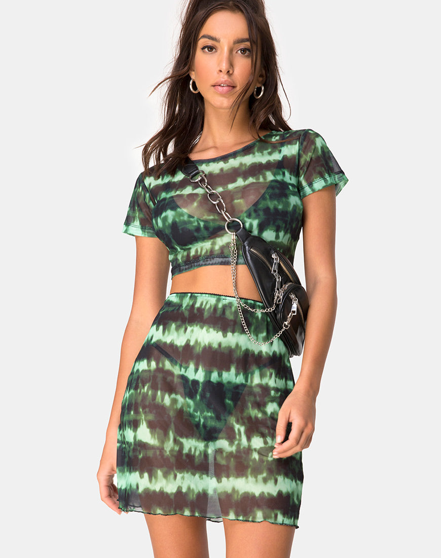 Kinnie Mini Skirt in Tie Dye Turquoise Mesh-Nico Sky