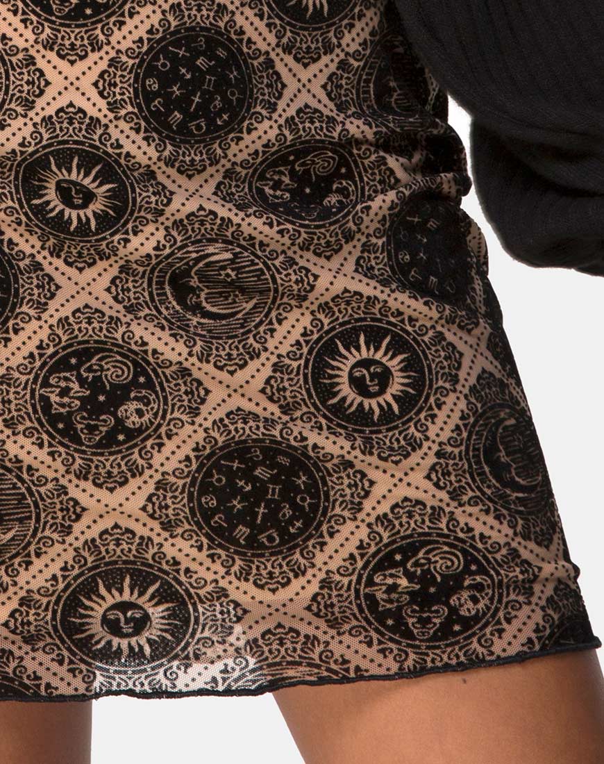 Kinnie Mini Skirt in Taupe Net with Black Sign Flock-Nico Sky