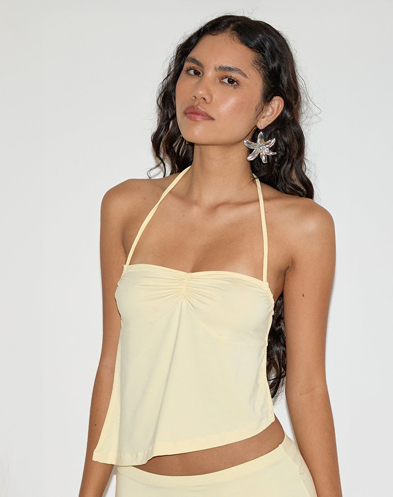 Kins Asymmetric Halterneck Top in Rayon Lemon-Nico Sky