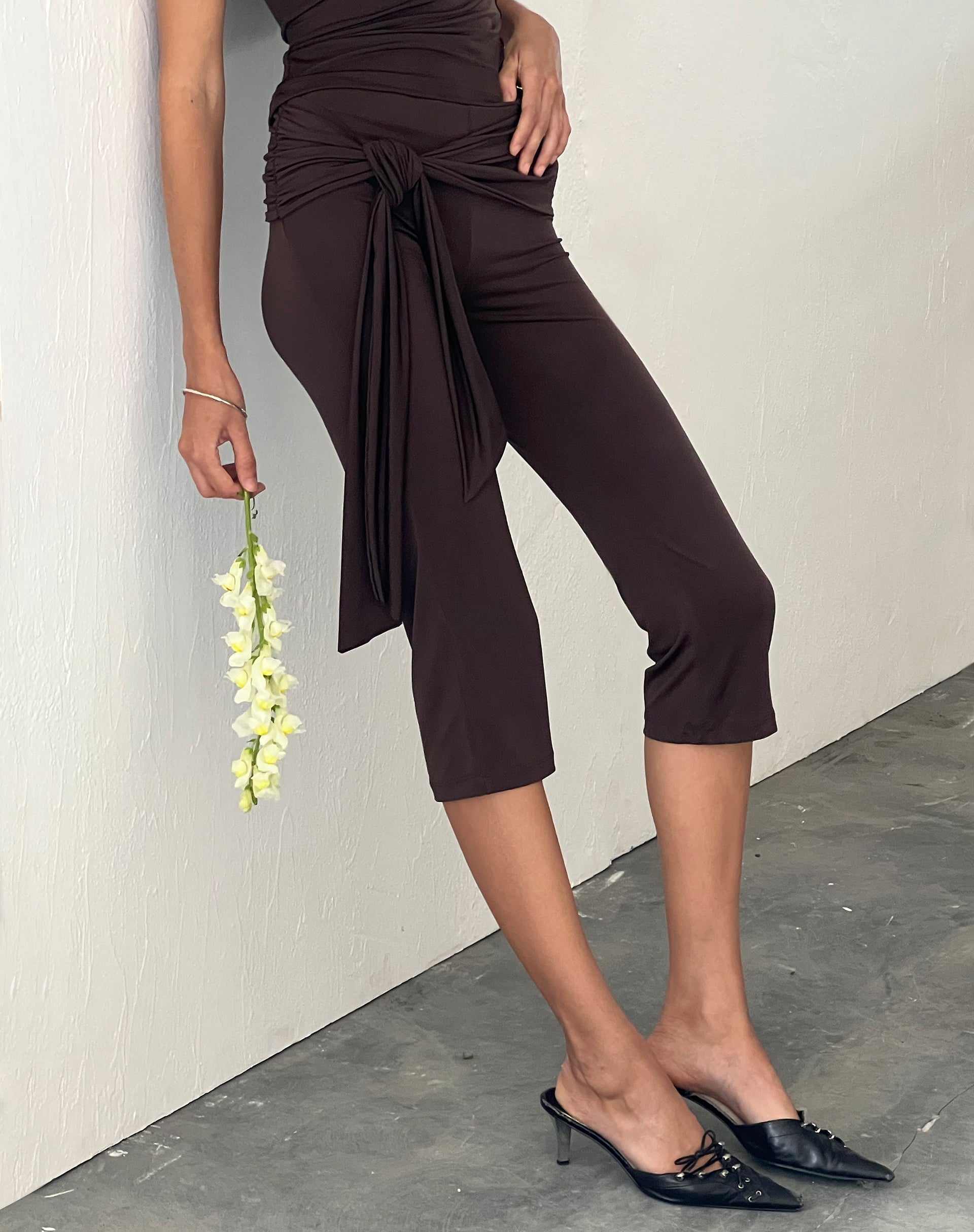 Effy Capri Trousers with Wrap Waistband in Mocca-Nico Sky