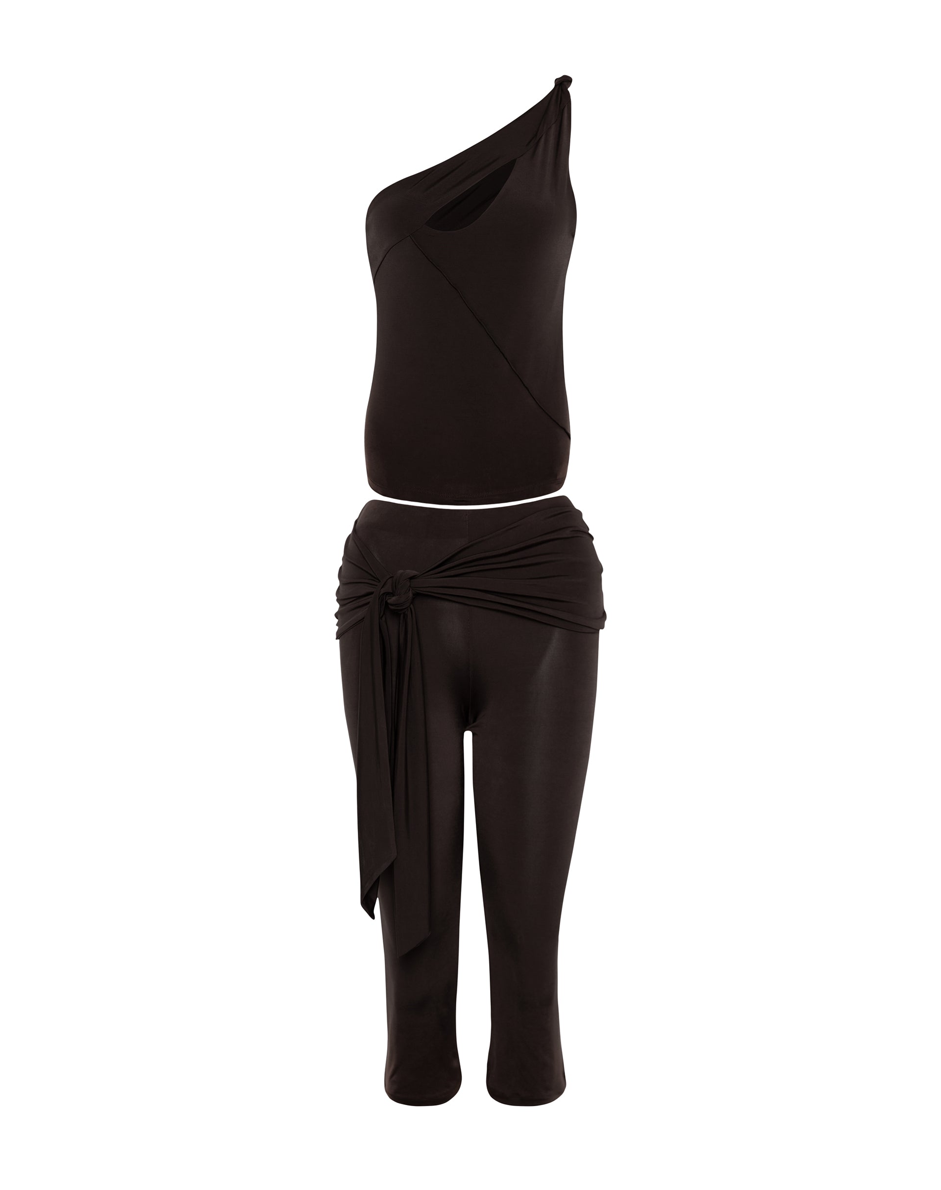 Effy Capri Trousers with Wrap Waistband in Mocca-Nico Sky