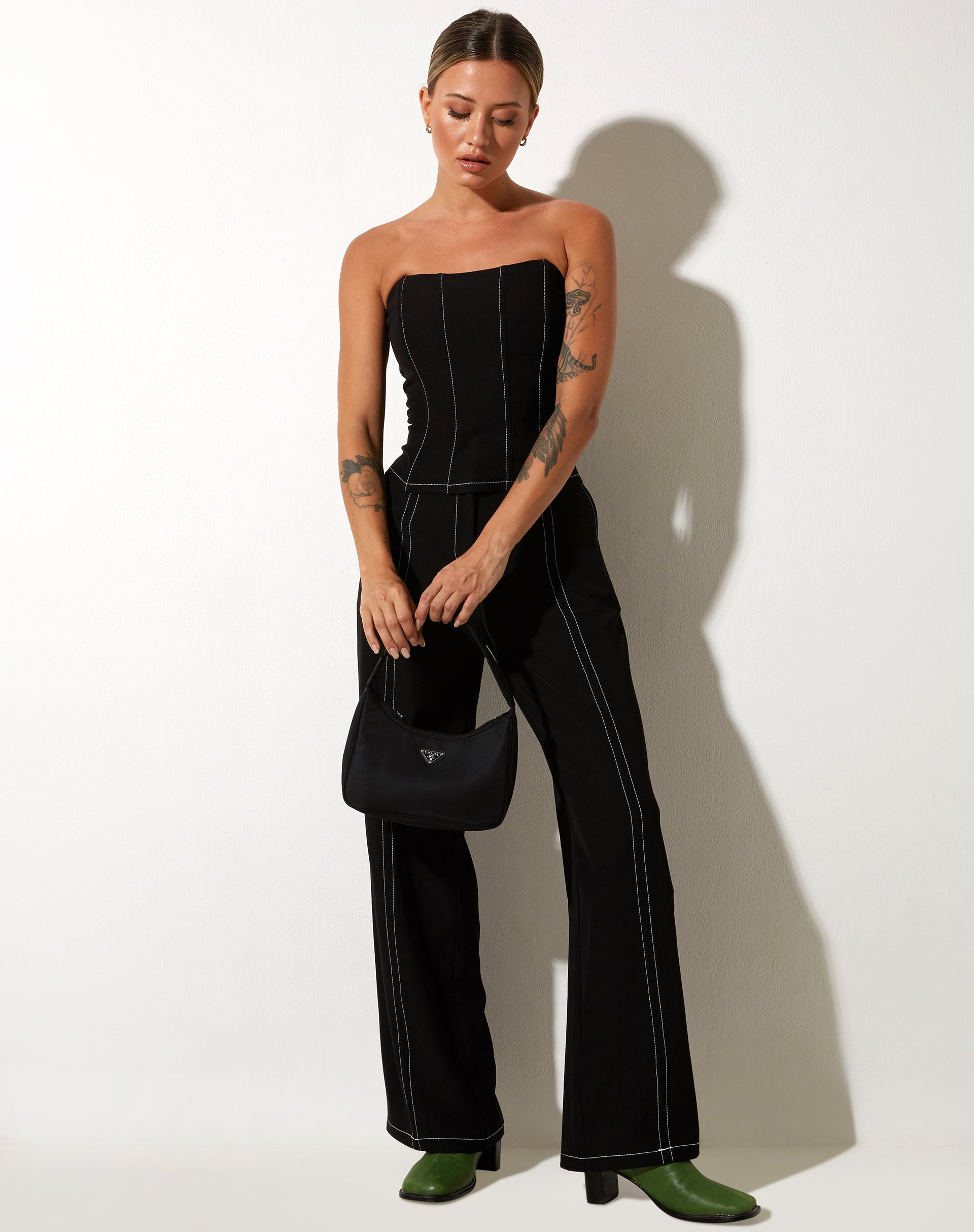 Kyana Corset Top in Black with White Stitch-Nico Sky