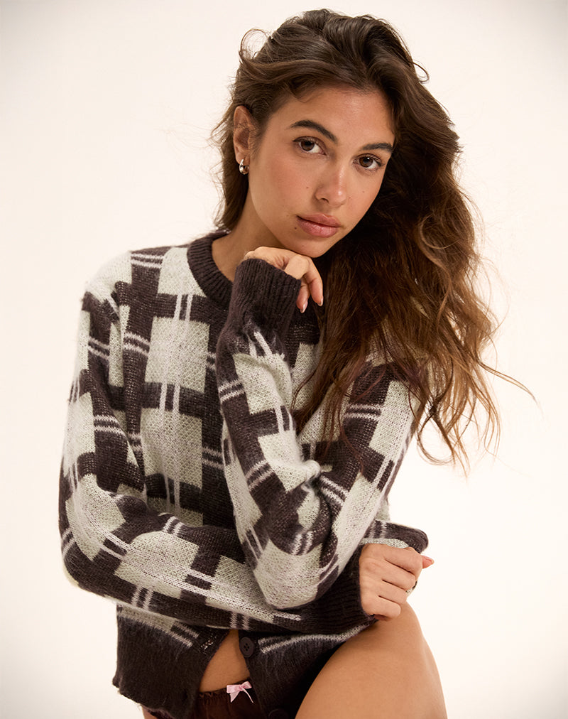 Anzio Knitted Cardigan in Check Brown-Nico Sky