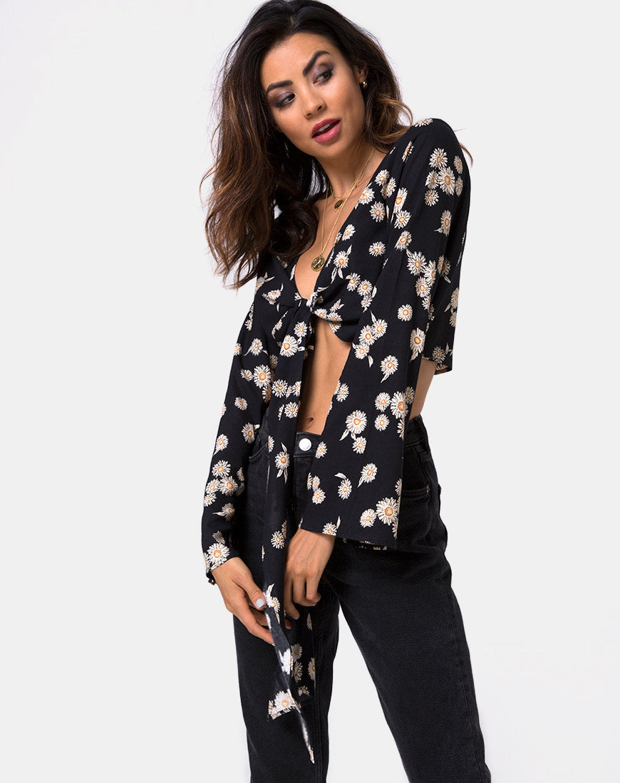 Laya Wrap Top in Grunge Daisy Floral-Nico Sky