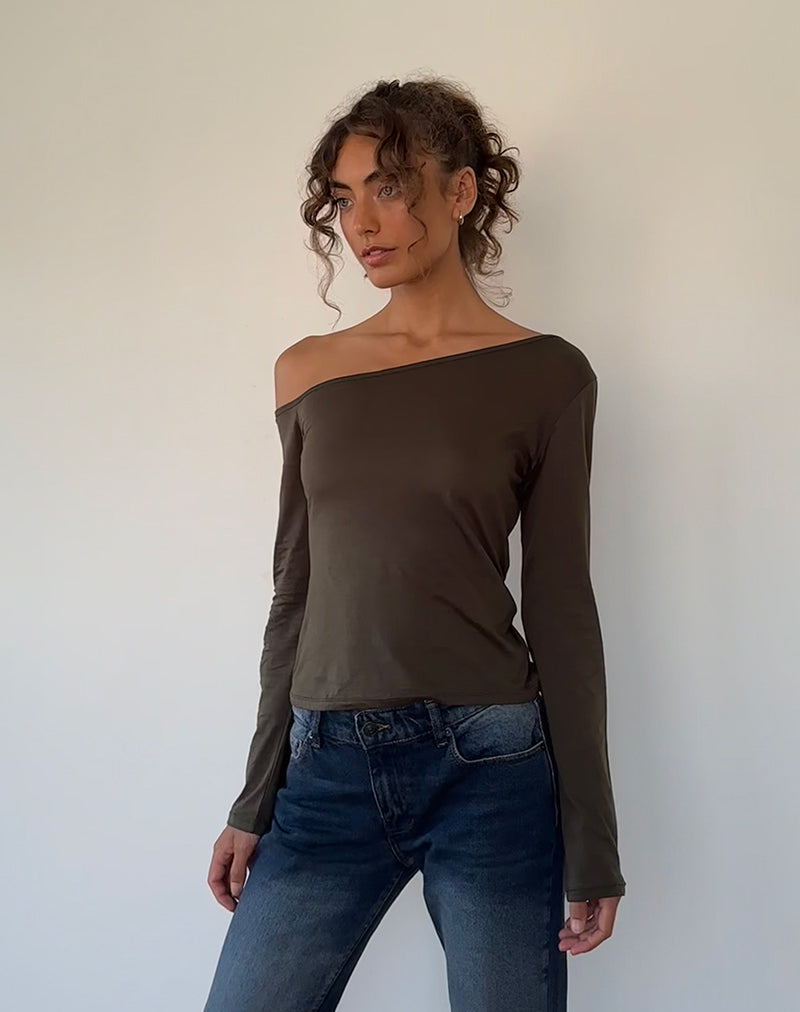 Ledez Asymmetrical Slouchy Top in Olive Tissue Jersey-Nico Sky