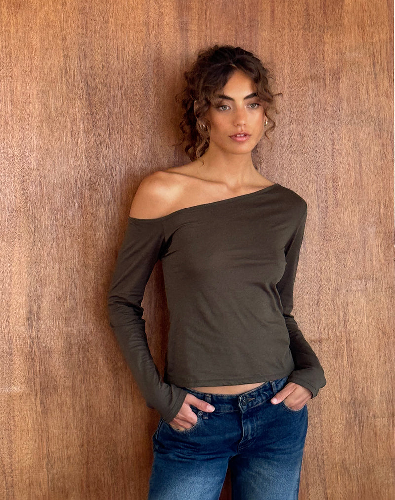 Ledez Asymmetrical Slouchy Top in Olive Tissue Jersey-Nico Sky
