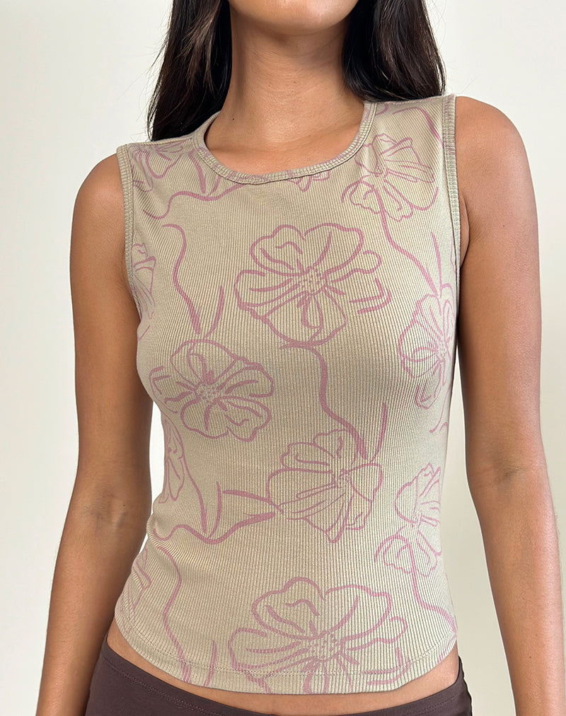 Leen Tank Top in Khaki Hibiscus Doodle Pink-Nico Sky