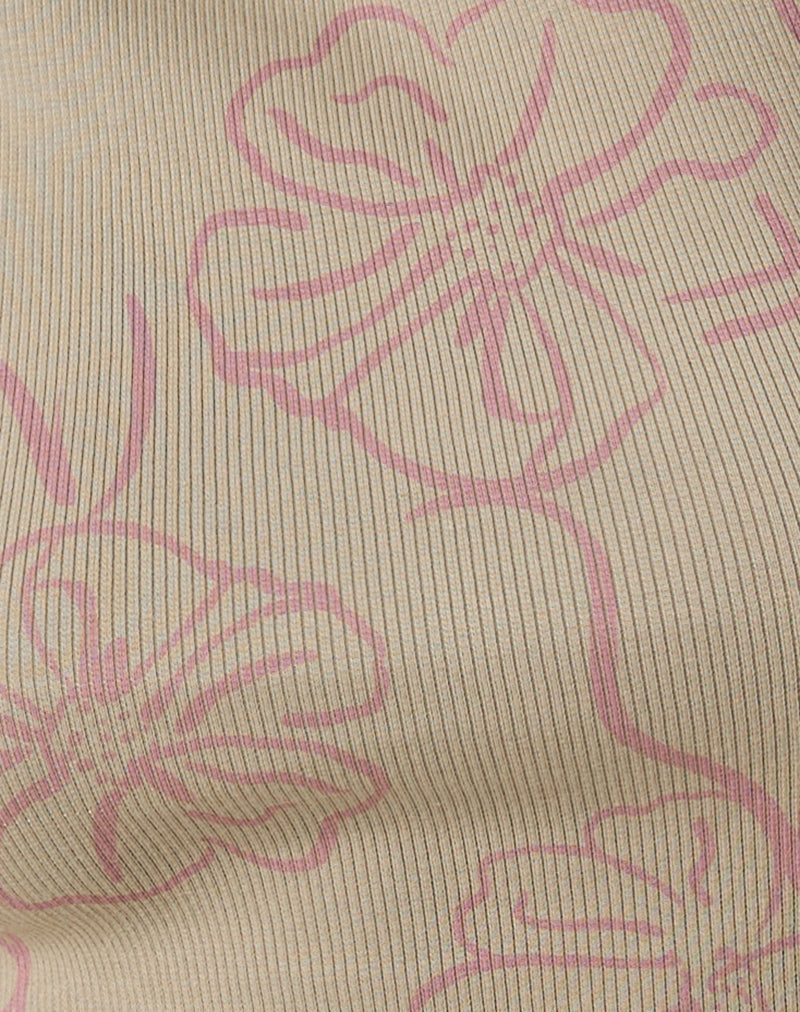 Leen Tank Top in Khaki Hibiscus Doodle Pink-Nico Sky