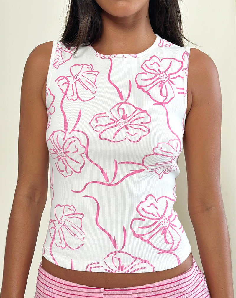 Leen Tank Top in White with Pink Hibiscus Doodle Print-Nico Sky