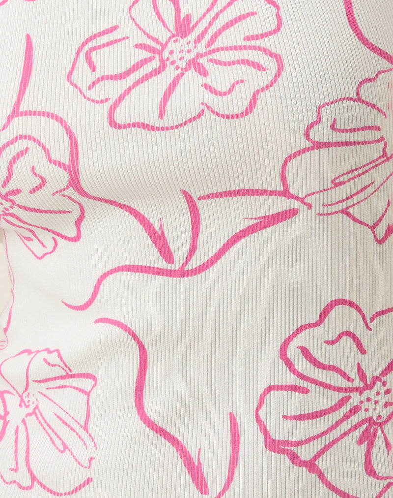 Leen Tank Top in White with Pink Hibiscus Doodle Print-Nico Sky