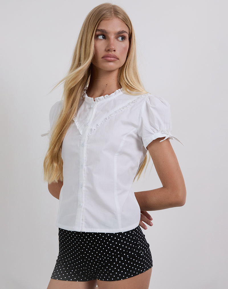 Legra Frill Neck Shirt in Poplin White-Nico Sky