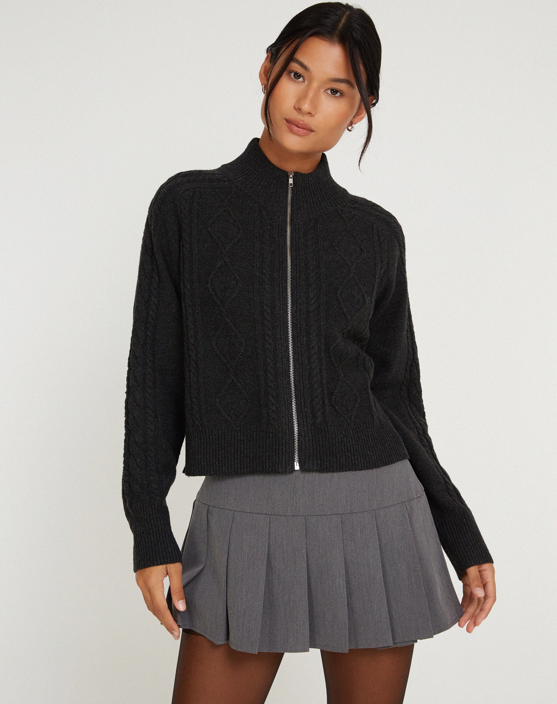 Lemila Cable Knit Jacket in Dark Shadow-Nico Sky