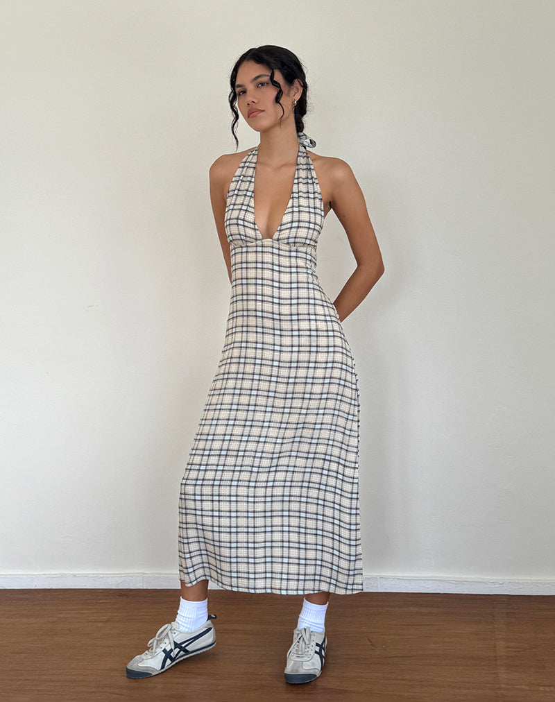 Lenata Halterneck Midi Dress in Pastel Blue Tartan-Nico Sky