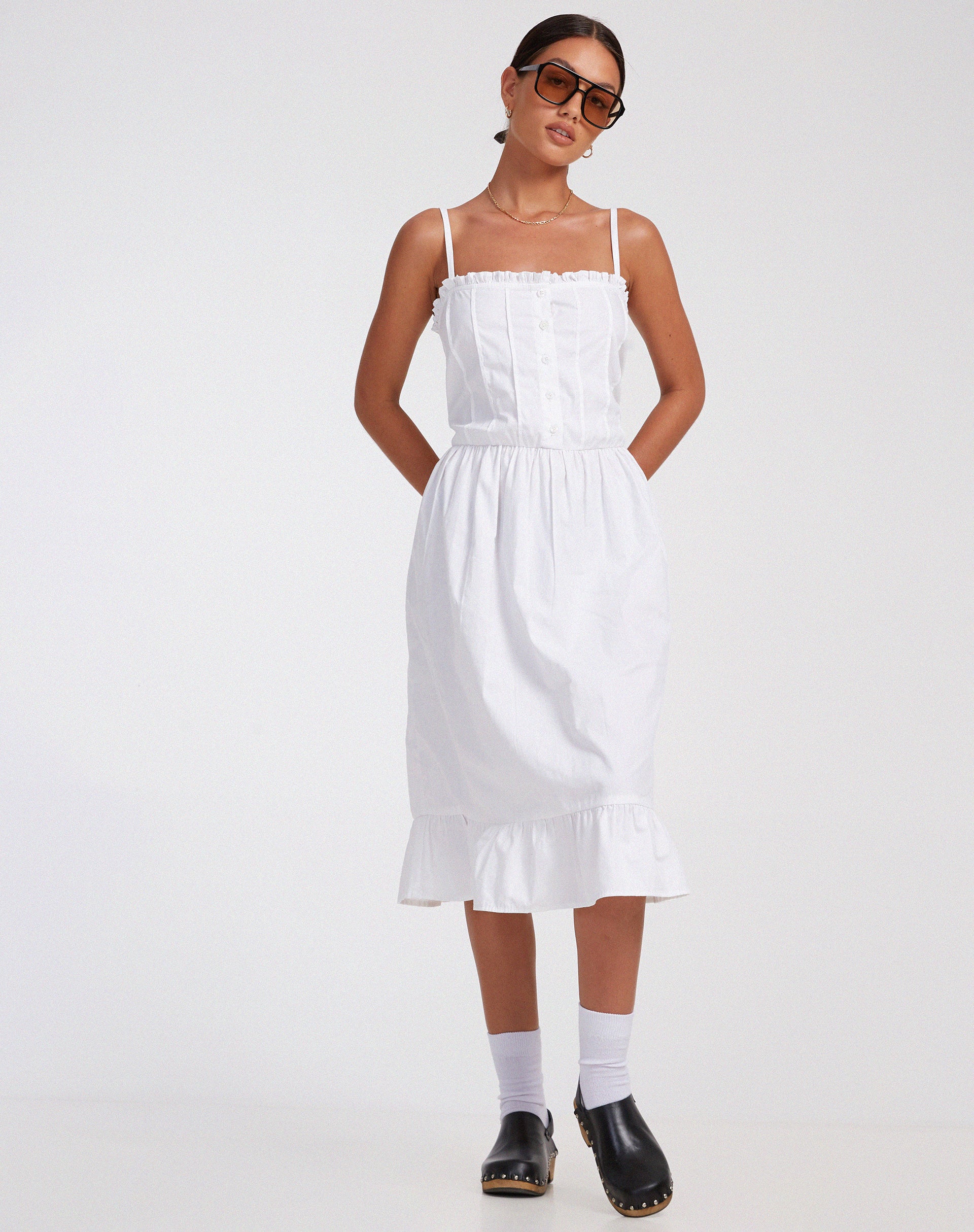 Lennox Midi Dress in Poplin White-Nico Sky