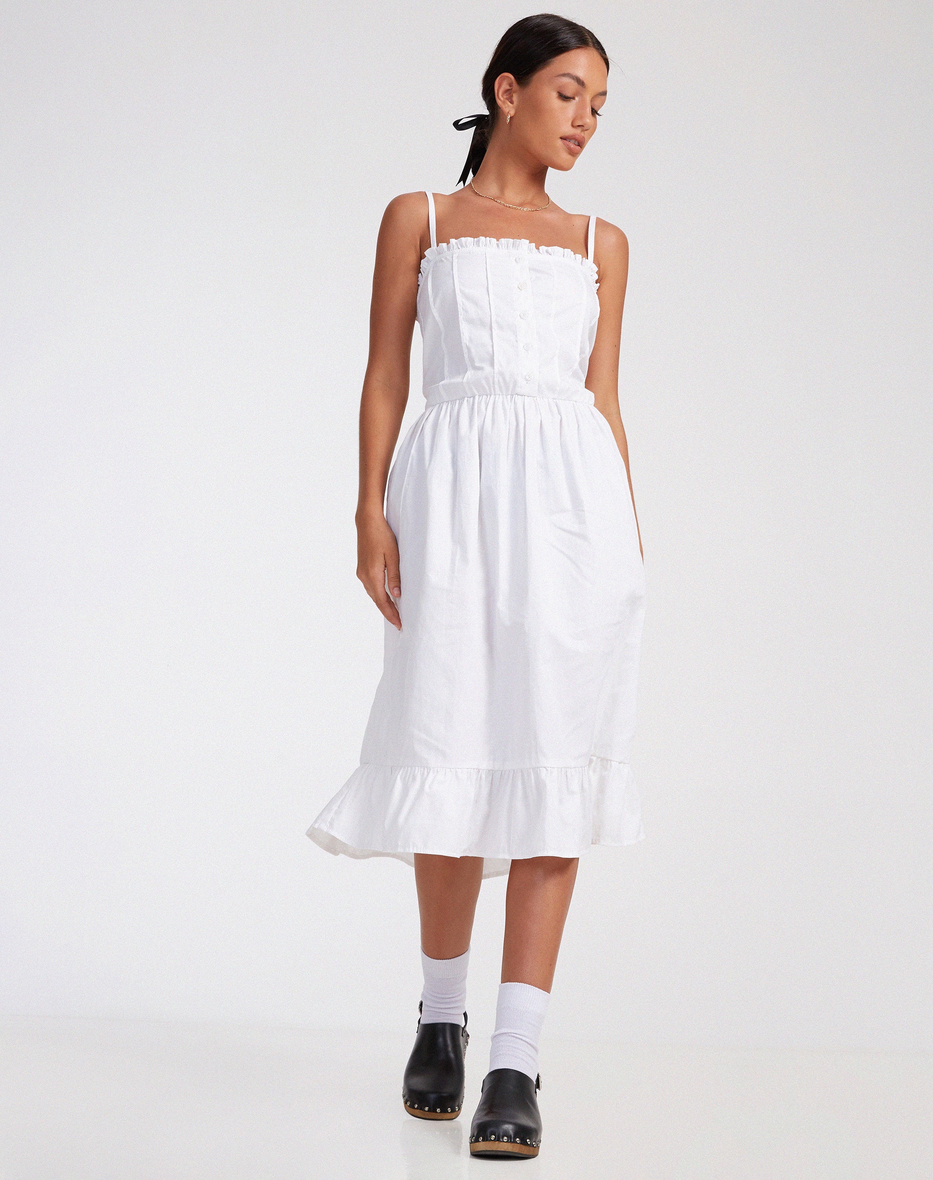 Lennox Midi Dress in Poplin White-Nico Sky