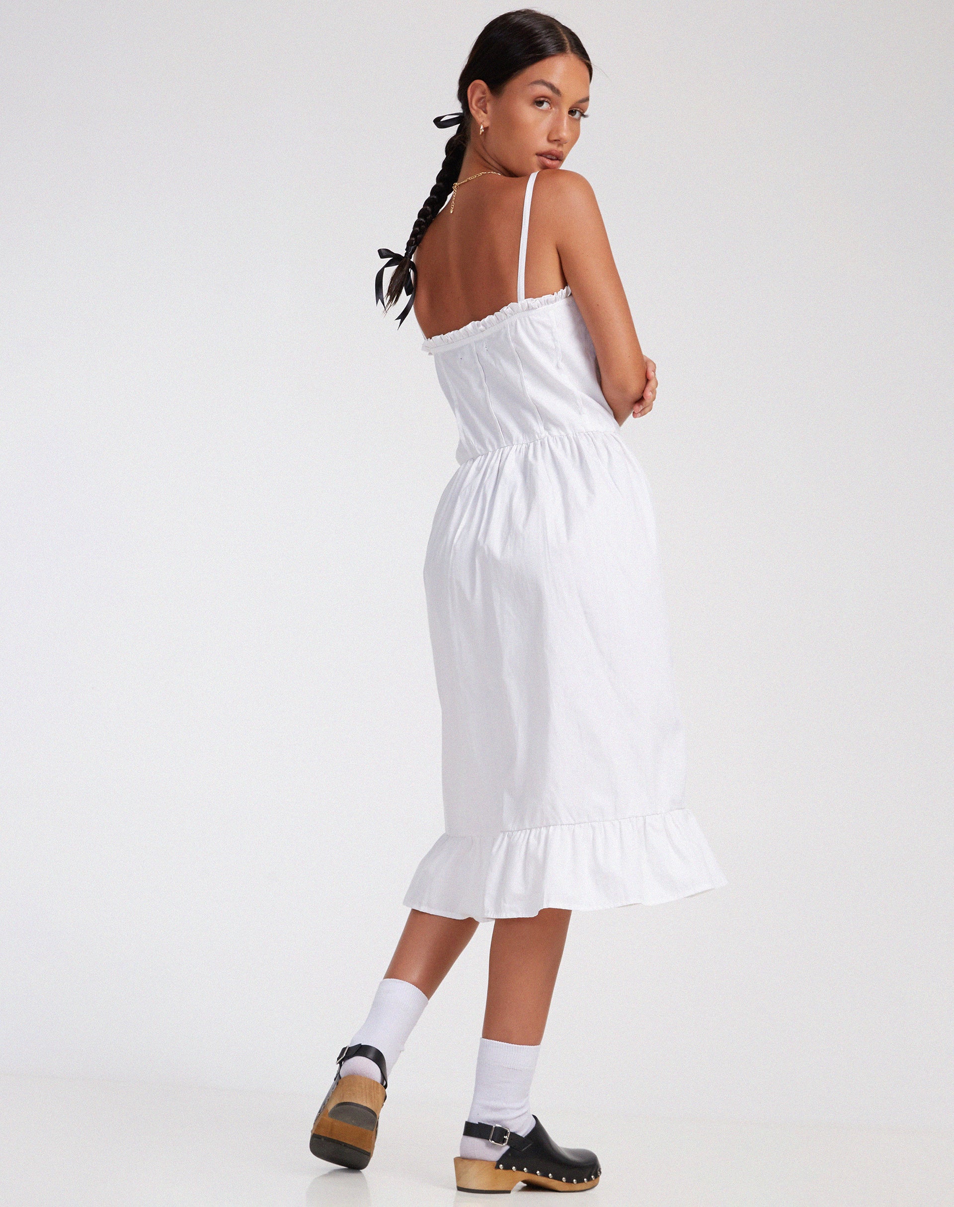 Lennox Midi Dress in Poplin White-Nico Sky