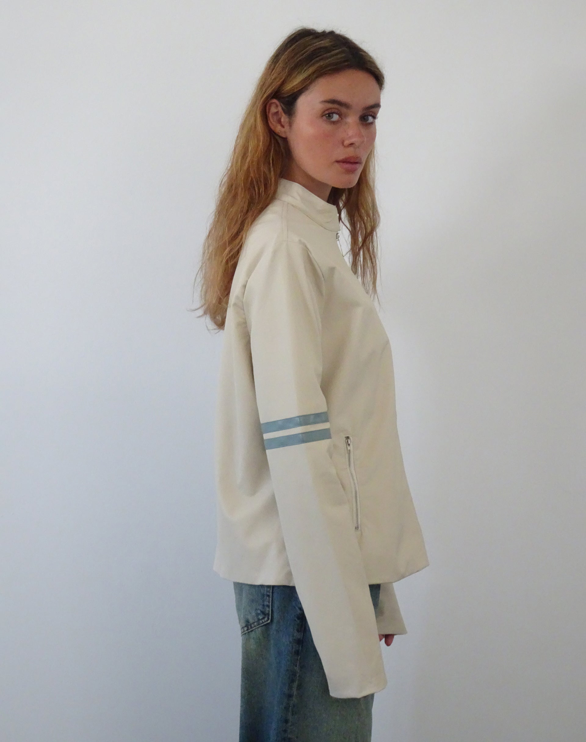 Lewis Jacket in Cream PU with Blue Stripe-Nico Sky