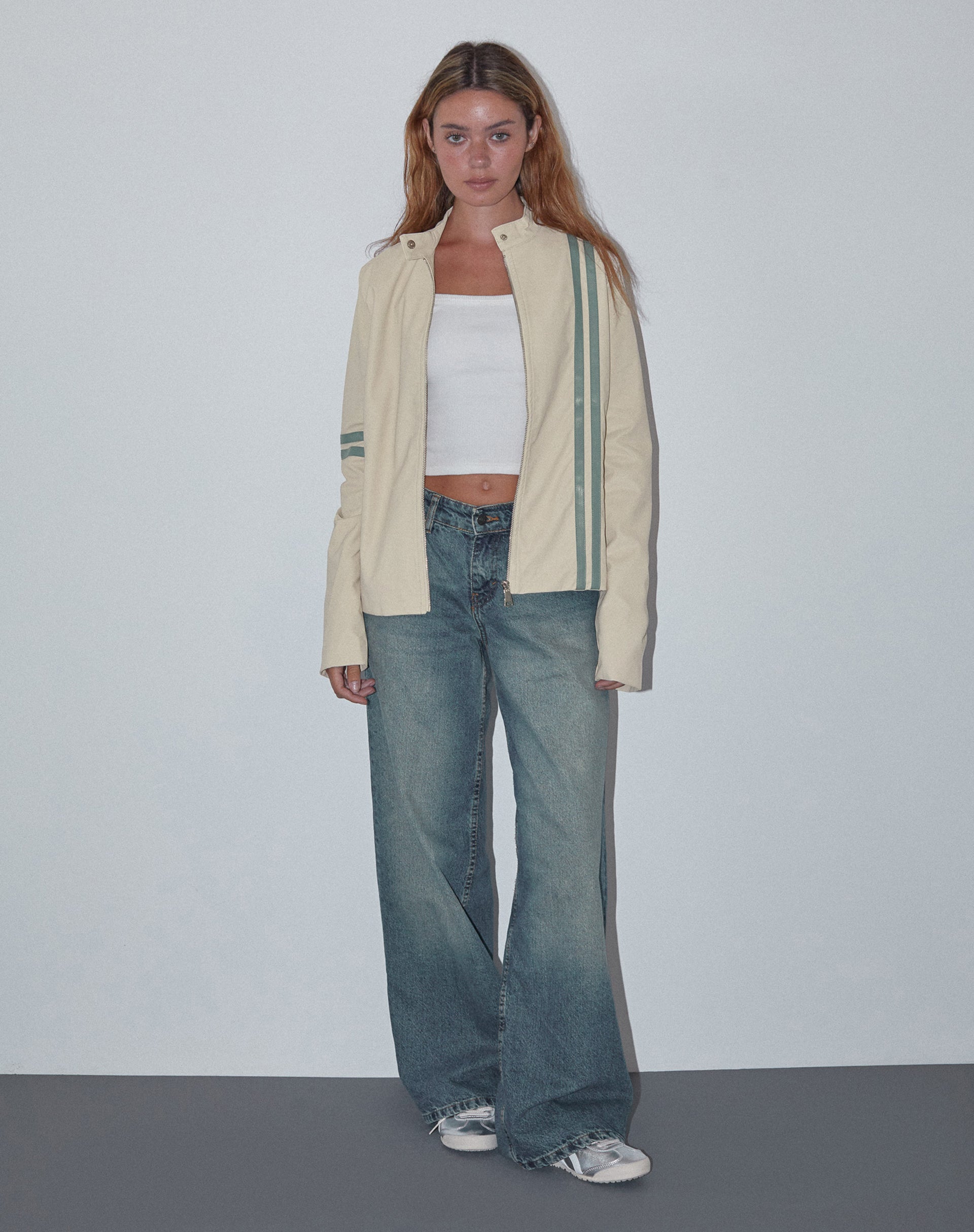 Lewis Jacket in Cream PU with Blue Stripe-Nico Sky