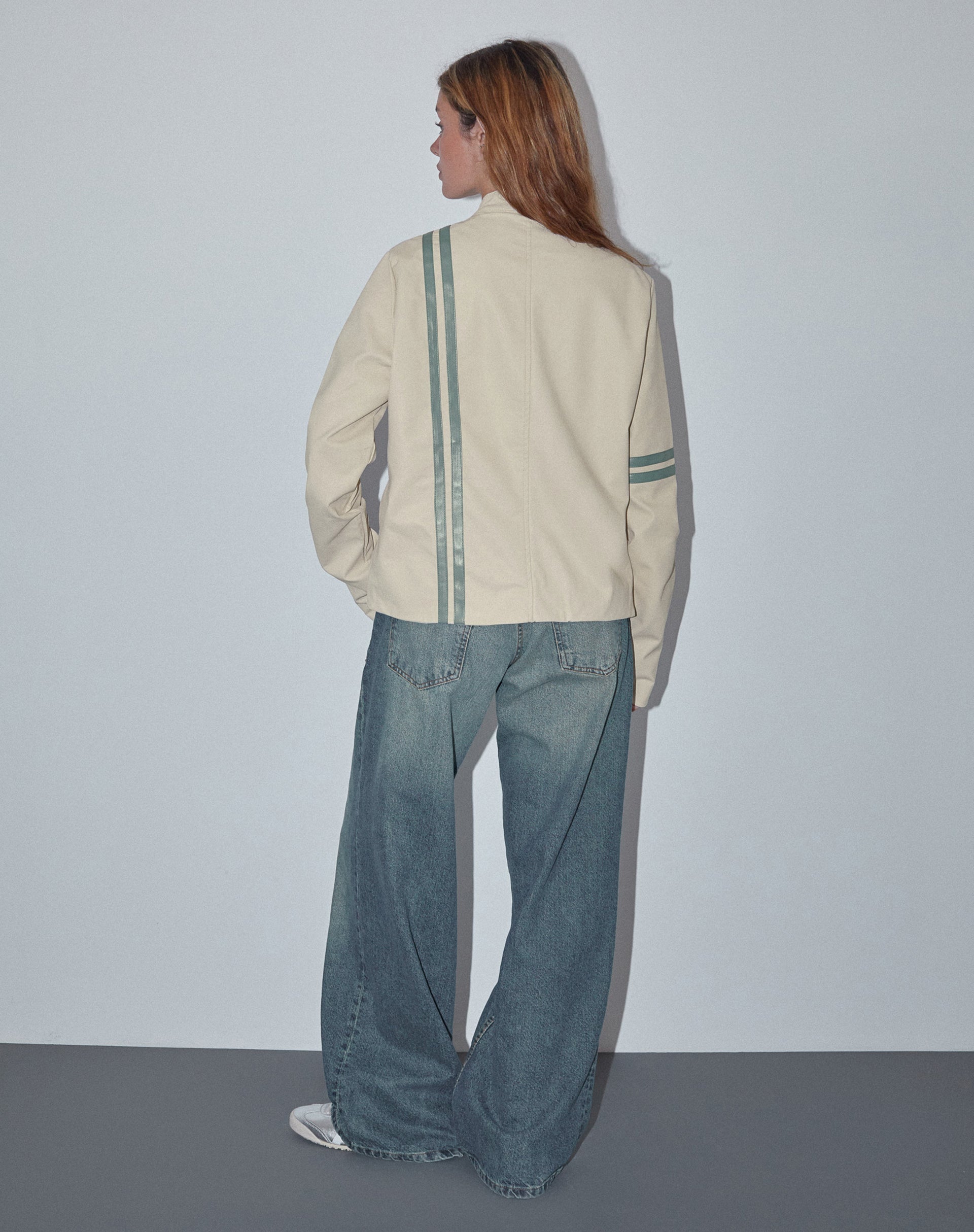 Lewis Jacket in Cream PU with Blue Stripe-Nico Sky