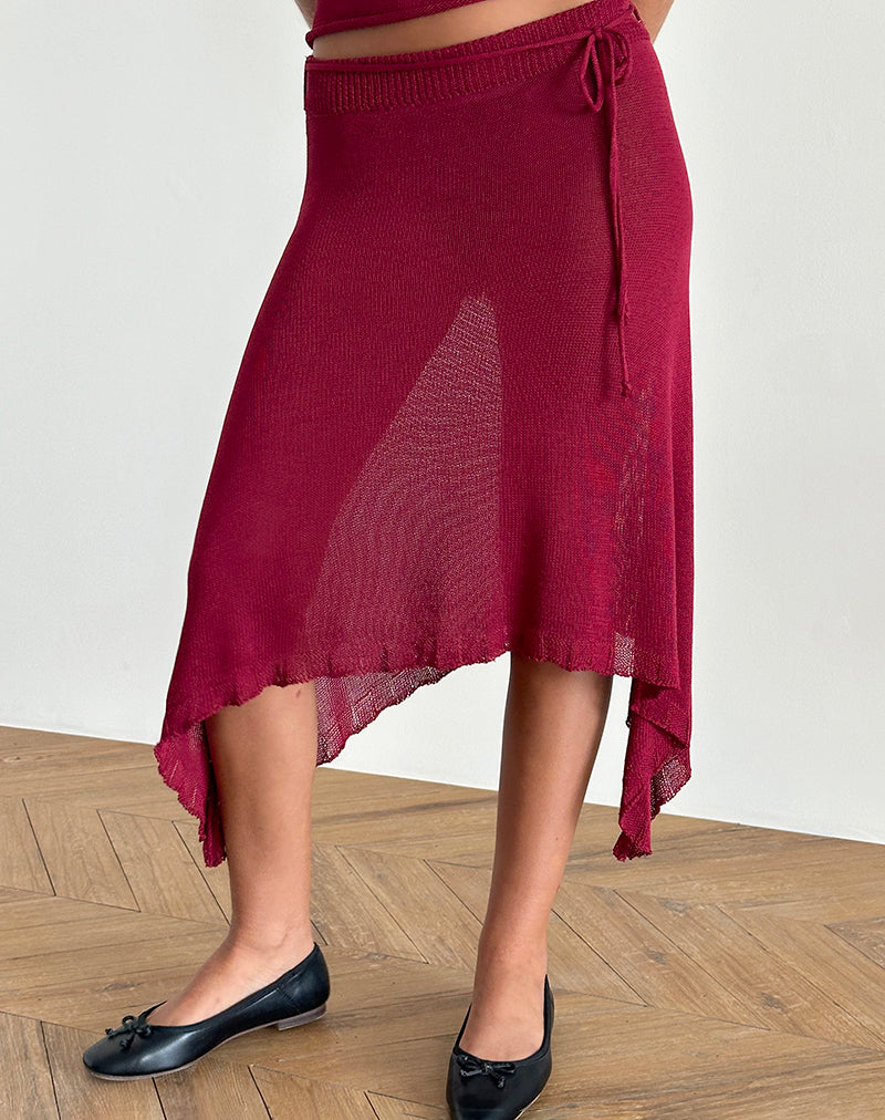 Leysa Midi Skirt in Sheer Knit Red-Nico Sky