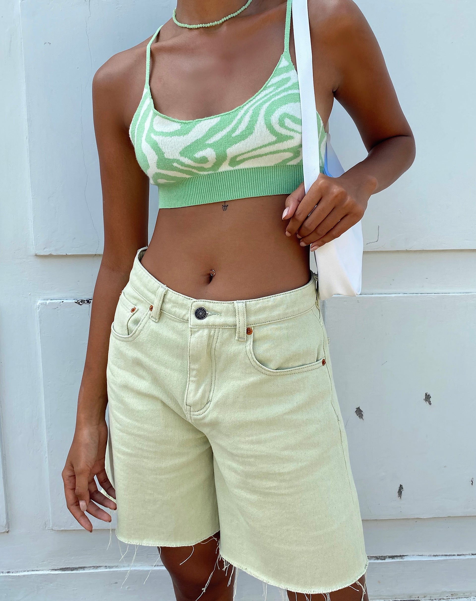 Loose Fit Denim Shorts in Sage-Nico Sky