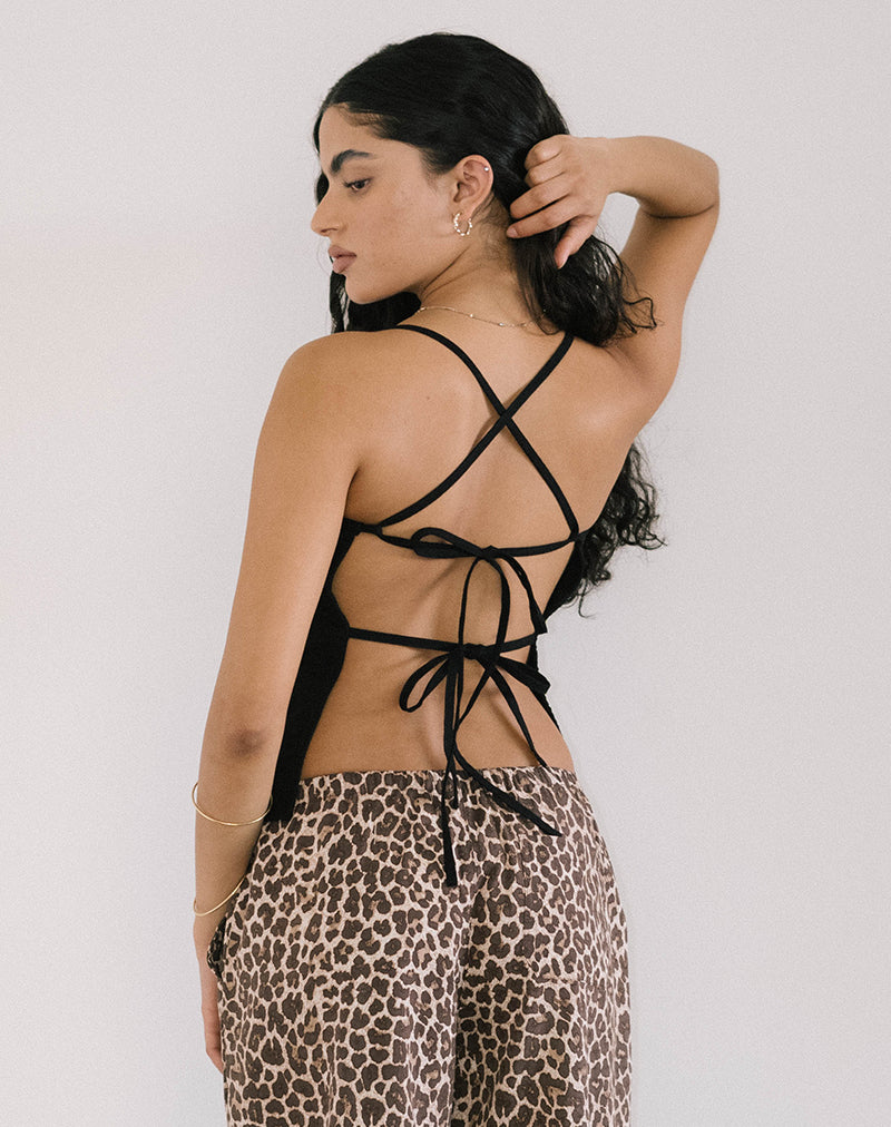 Lintang Tie Back Top in Linen Black-Nico Sky