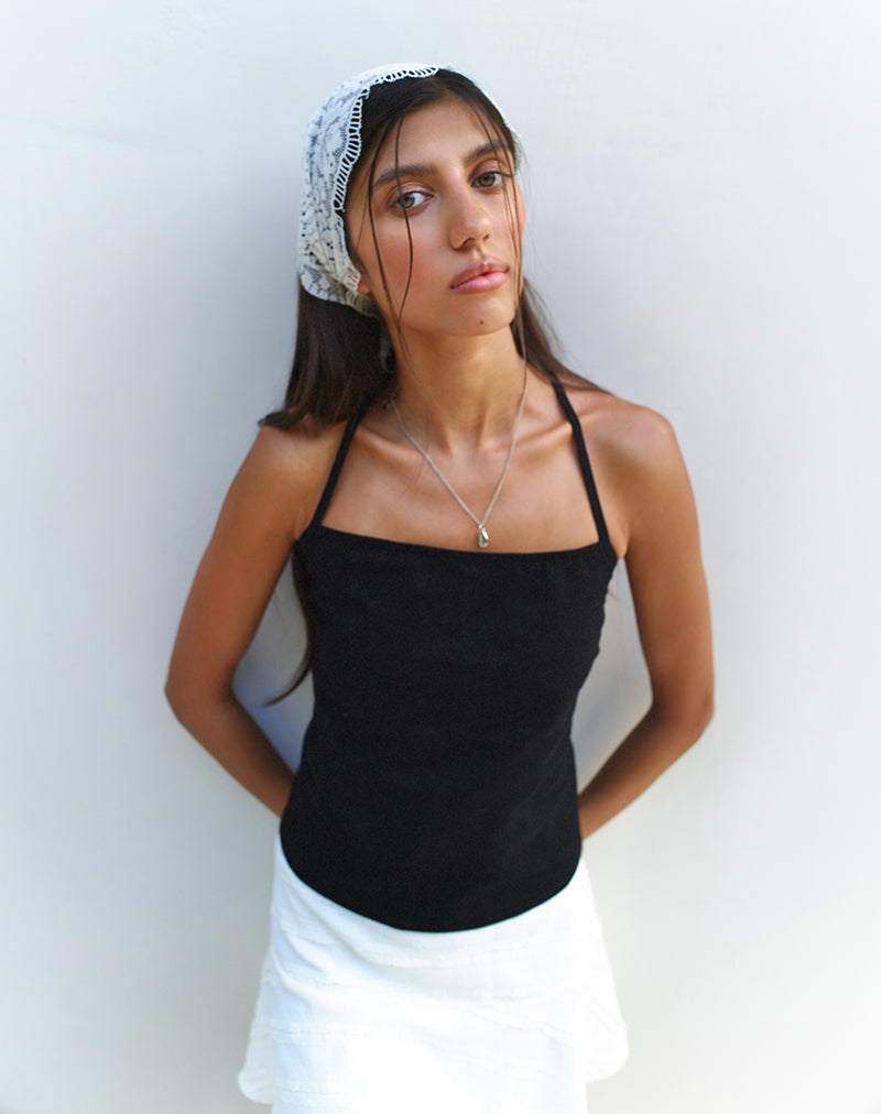 Lintang Tie Back Top in Linen Black-Nico Sky