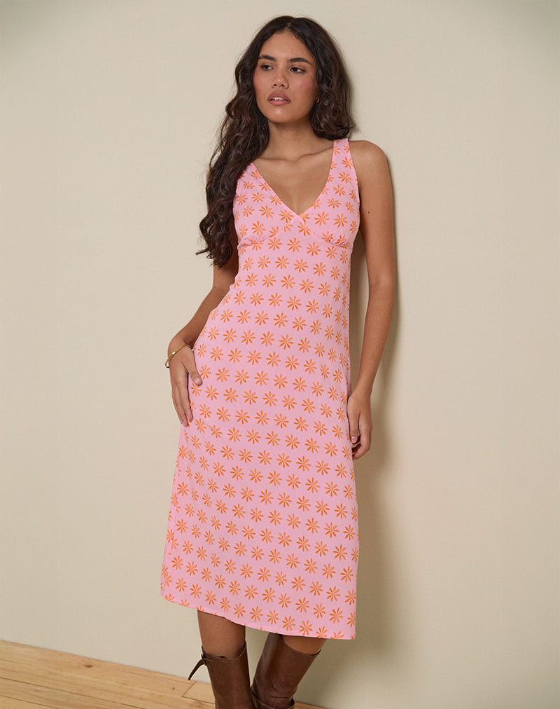 Lisheva Midi Dress in Tile Flower Pink-Nico Sky