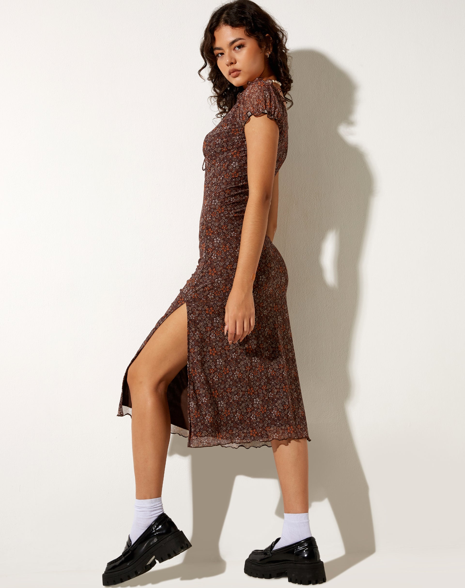 Lona Midi Dress in Flower Garden Brown-Nico Sky