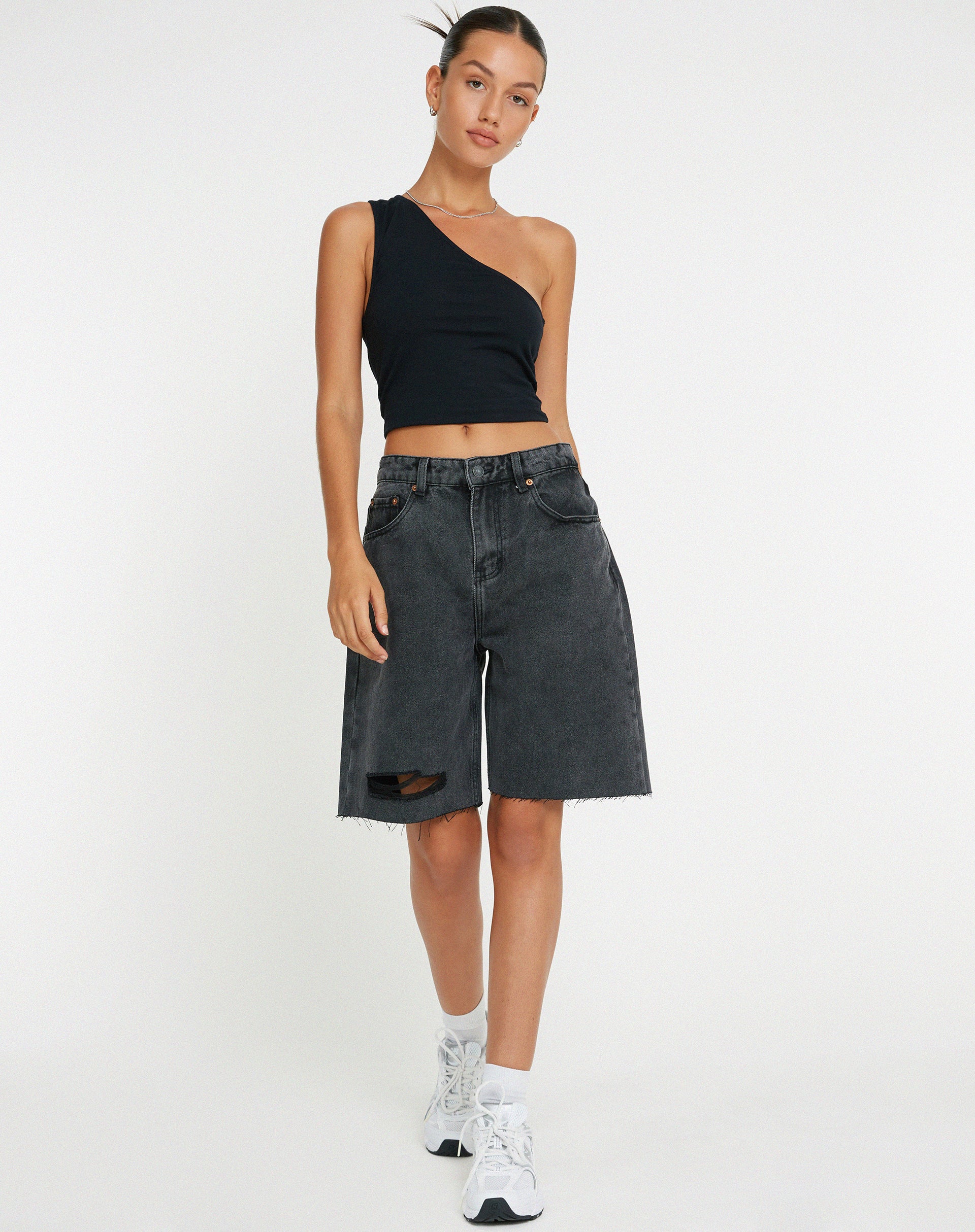 Longline Dad Denim Shorts in Black Wash-Nico Sky