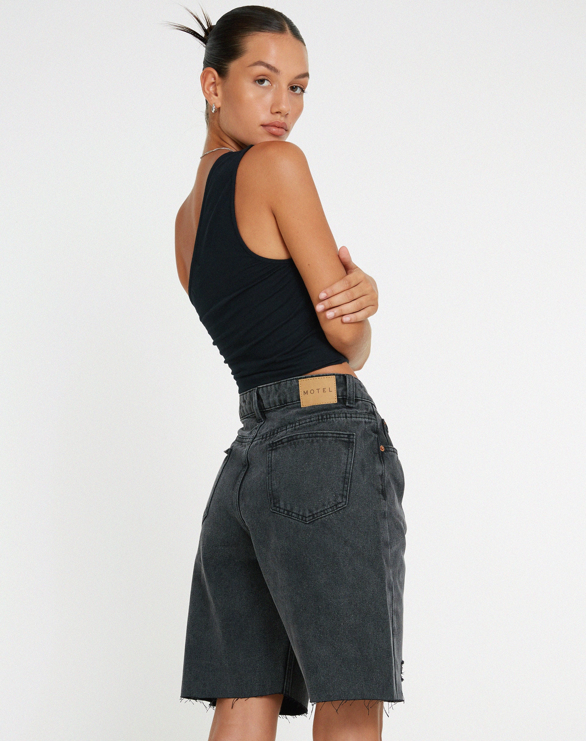 Longline Dad Denim Shorts in Black Wash-Nico Sky