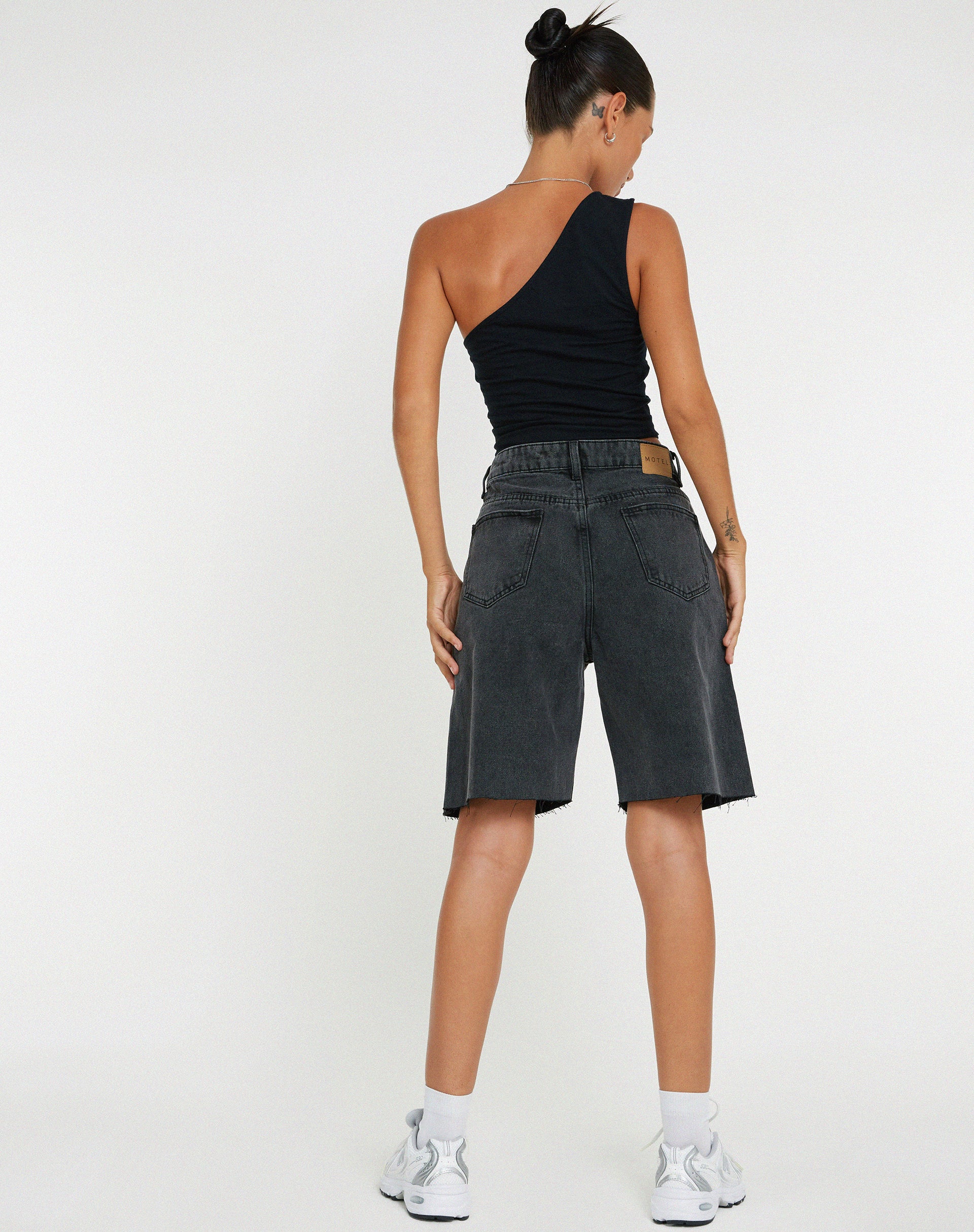 Longline Dad Denim Shorts in Black Wash-Nico Sky