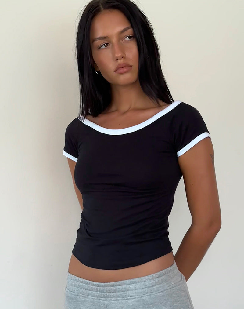 Bitha Crop Top in Black with White Piping-Nico Sky
