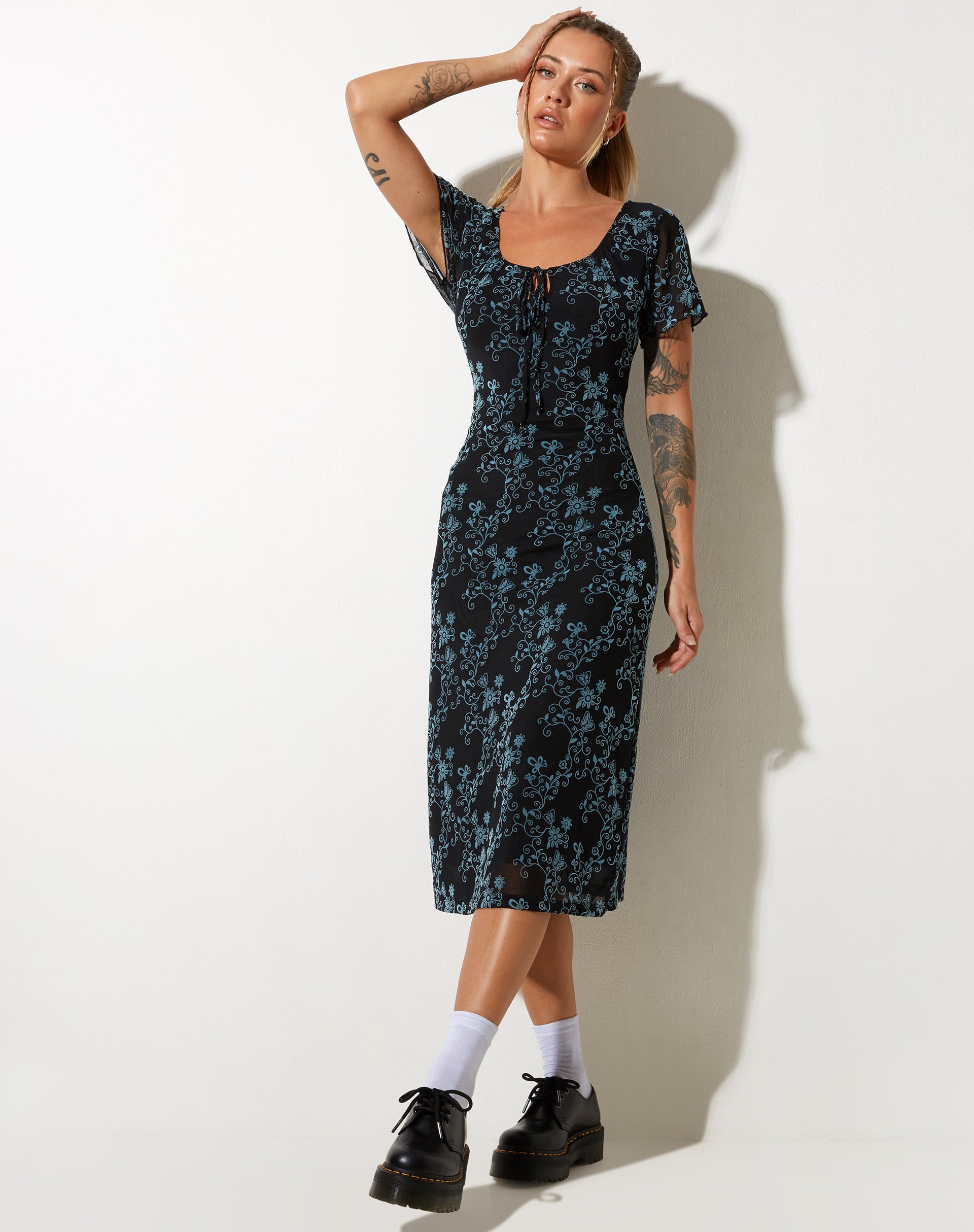 Lorani Midi Dress in Butterfly Vine Flock Blue-Nico Sky