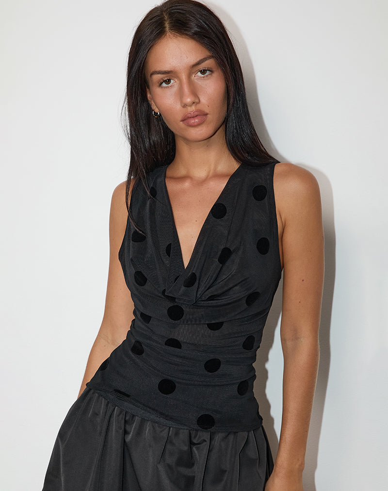Losa Cowl Neck Top in Big Polka Flock Black-Nico Sky