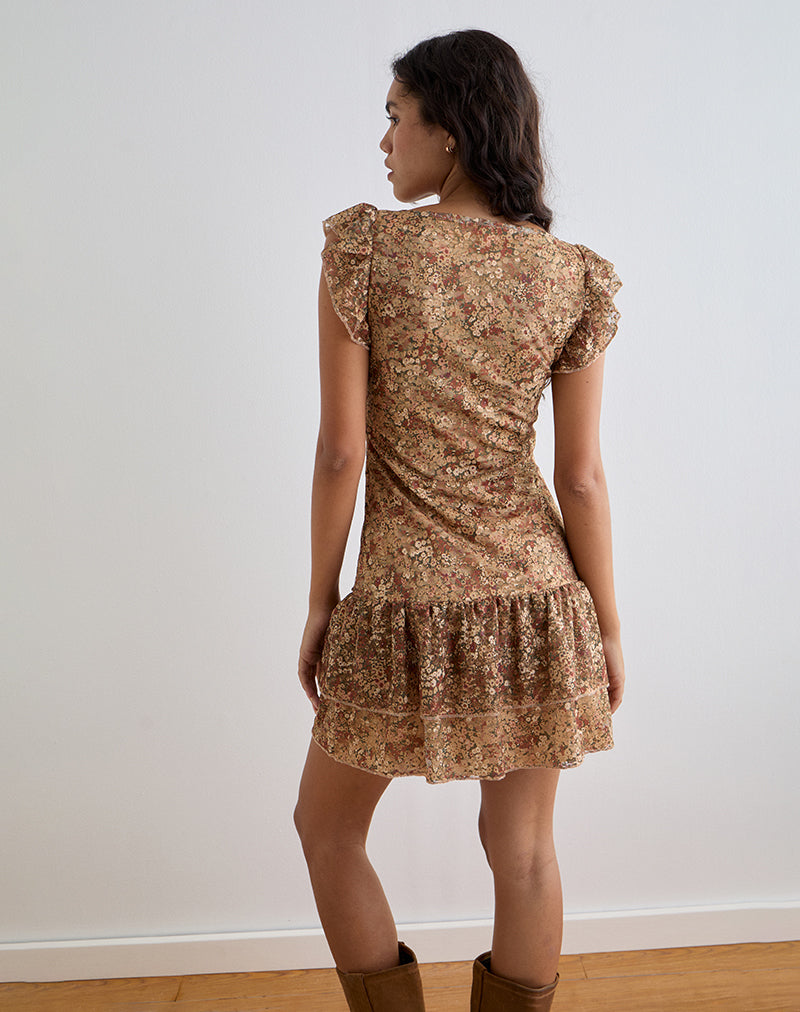 Lotri Wrap Mini Dress in Cluster Floral Brown-Nico Sky