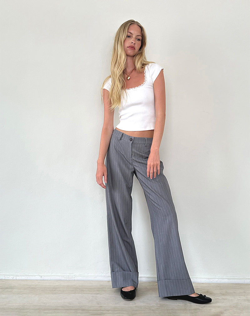 Abba Low Rise Trouser in Grey Pinstripe-Nico Sky