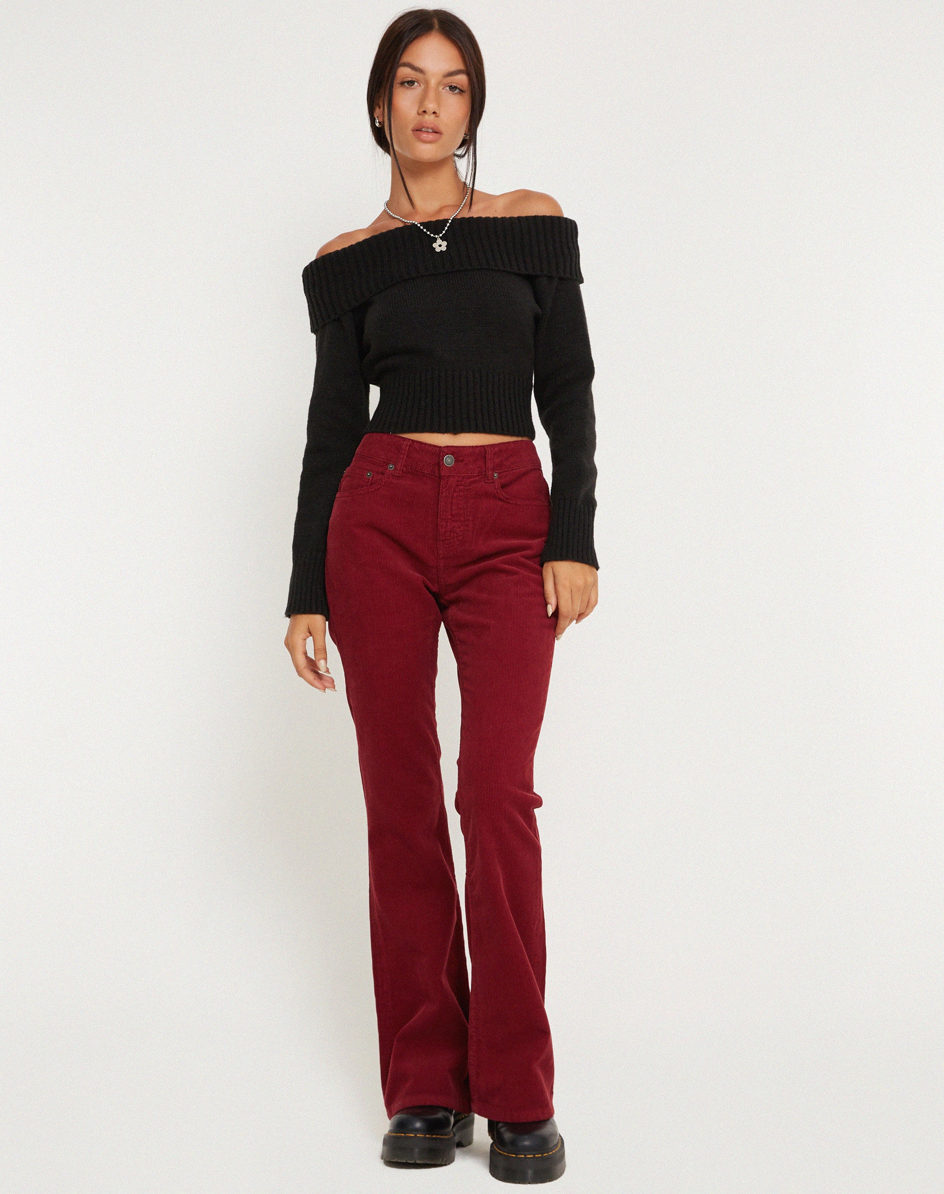 Low Rise Bootleg Jeans in Cord Maroon-Nico Sky