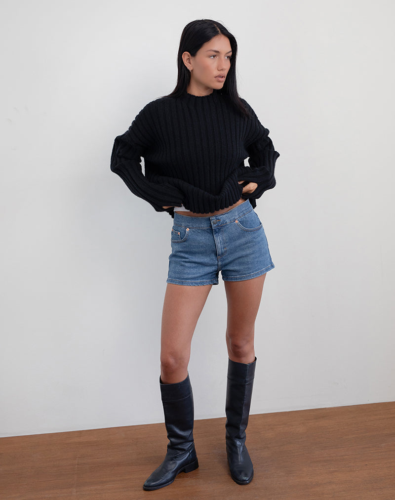 Low Rise Denim Hot Pants in Bay Blue-Nico Sky