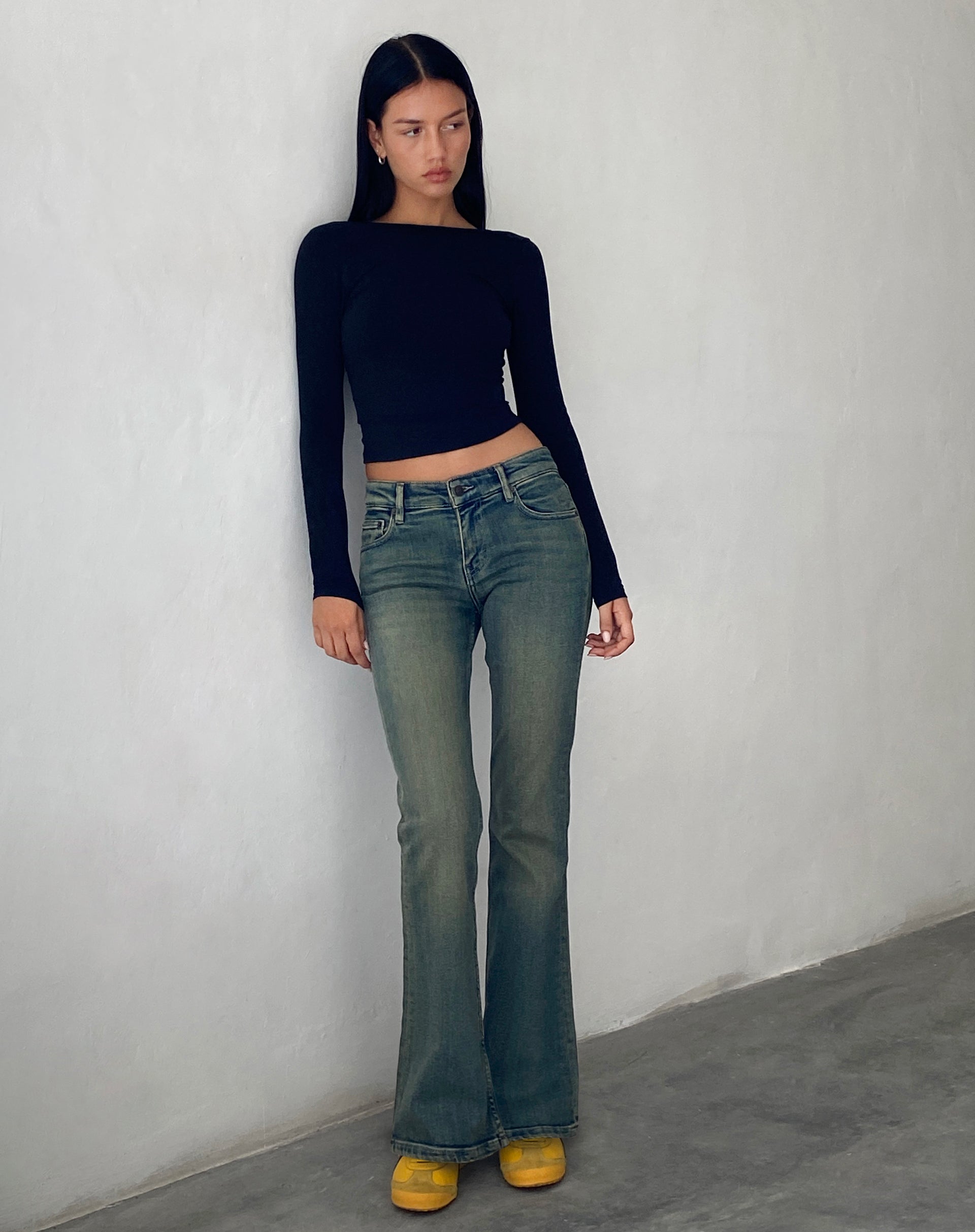 Low Rise Flared Jeans in Green Wash-Nico Sky