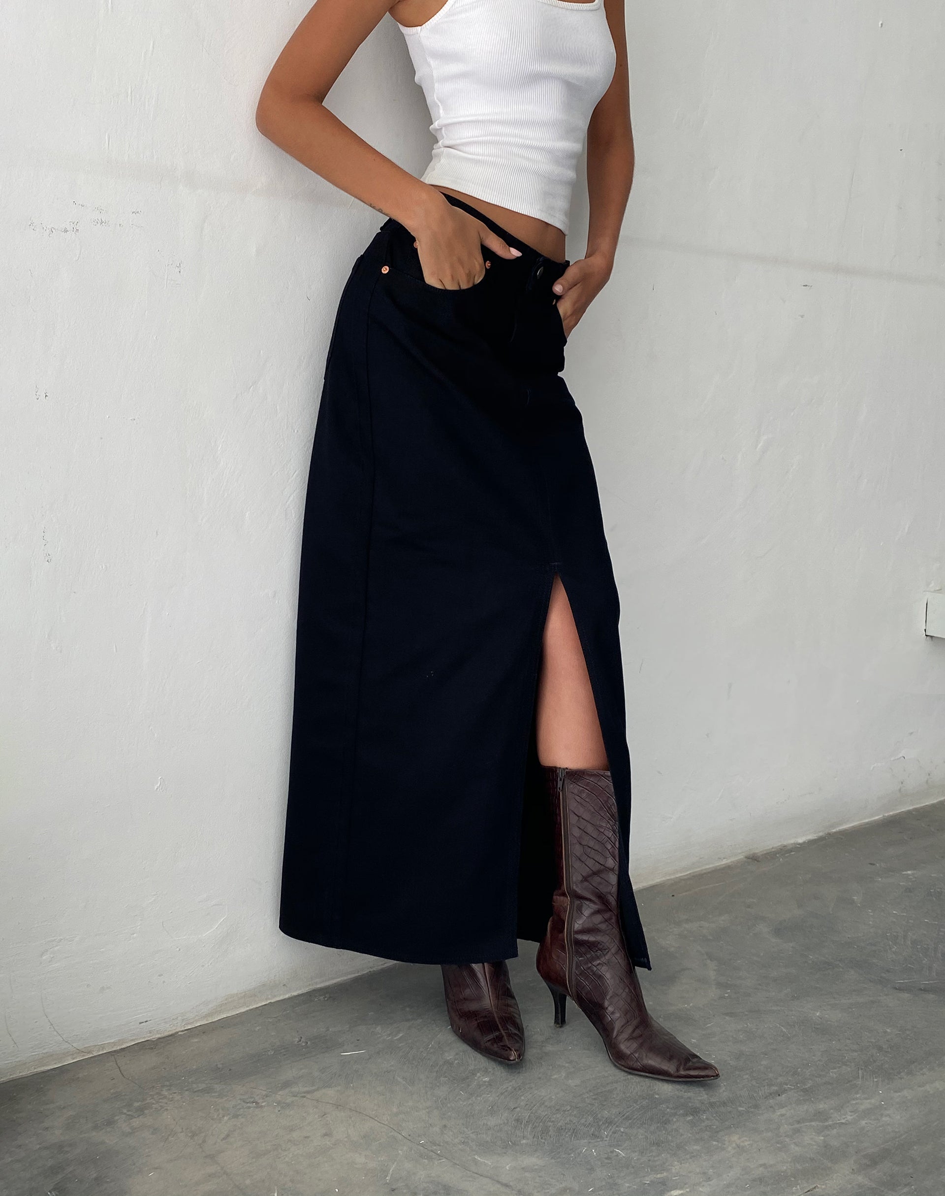 Low Rise Denim Maxi Skirt in Rinse Black-Nico Sky